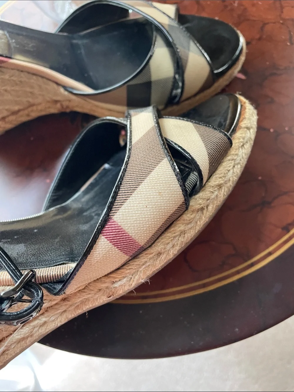 Burberry Beige & Black Check Espadrille Wedge Sandals